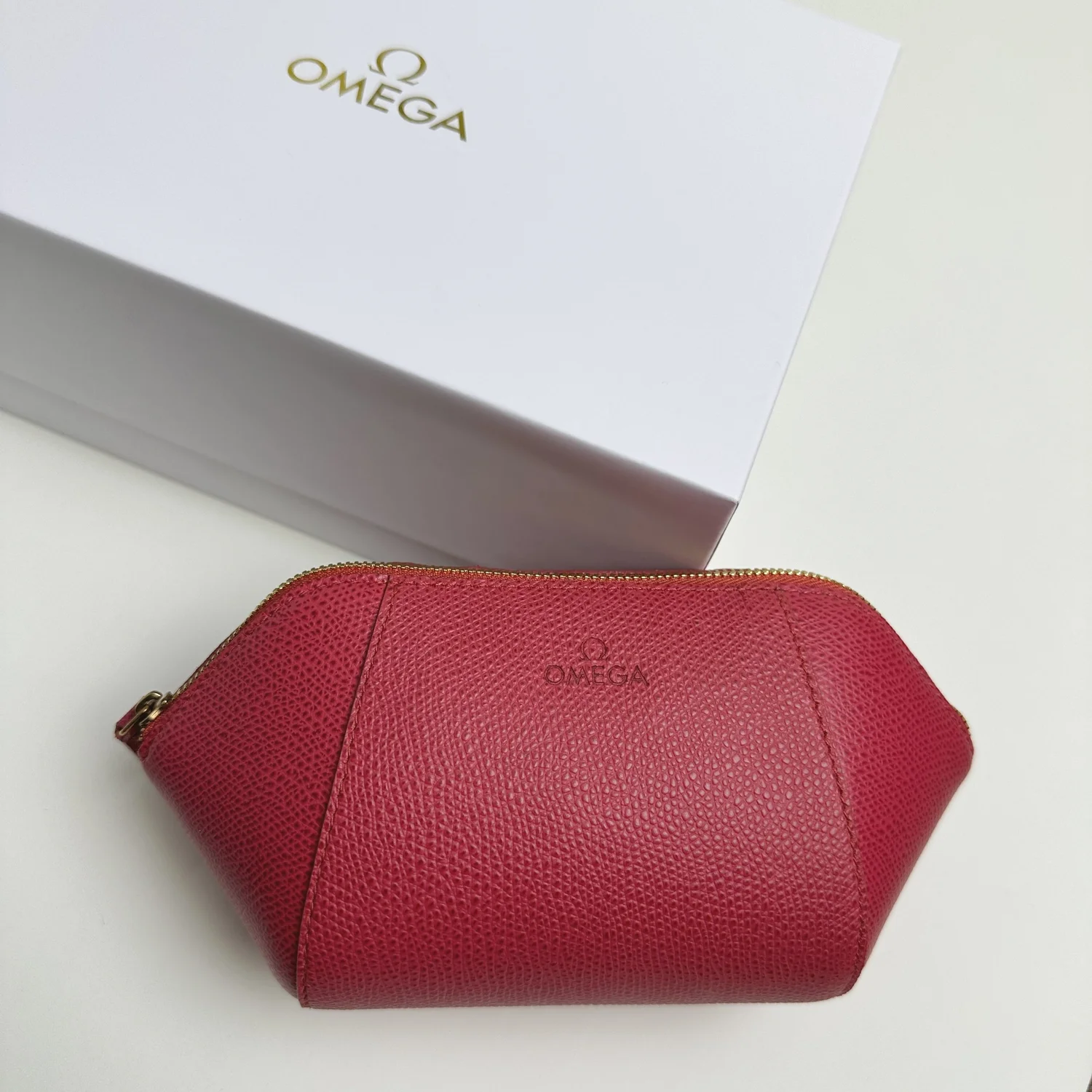 Omega Boutique Red Leather Zipper Pouch with Gold-Tone Hardware